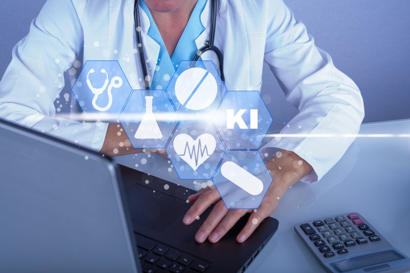 Medizinische Fachkraft mit digitalen Gesundheitssymbolen und KI-Elementen