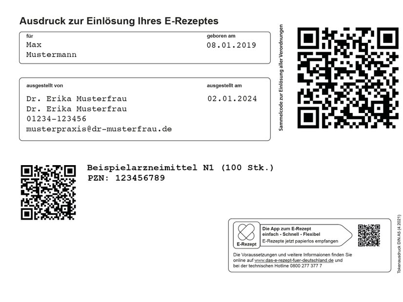 e-Rezept, Ausdruck weiß mit QR-Code