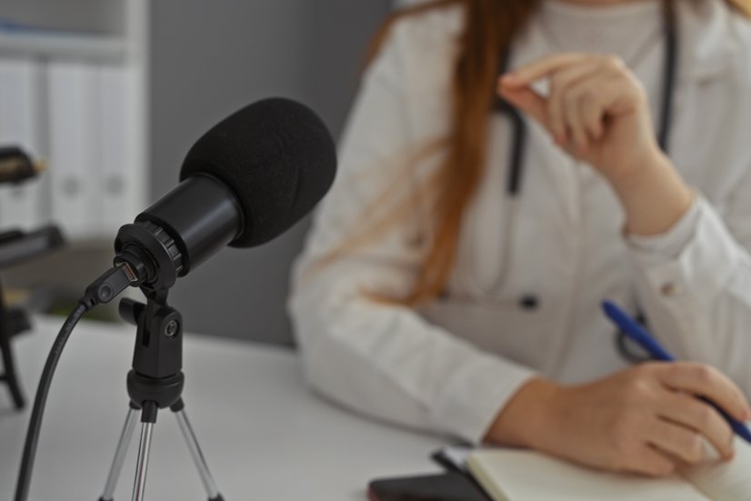Ärztin sitzt vor einem Mikrofon